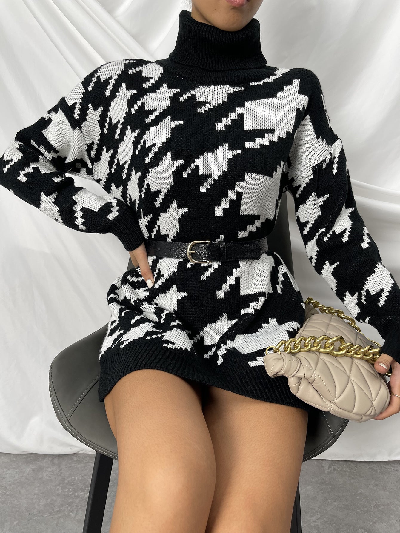 Black And White Turtleneck Sweater Dress