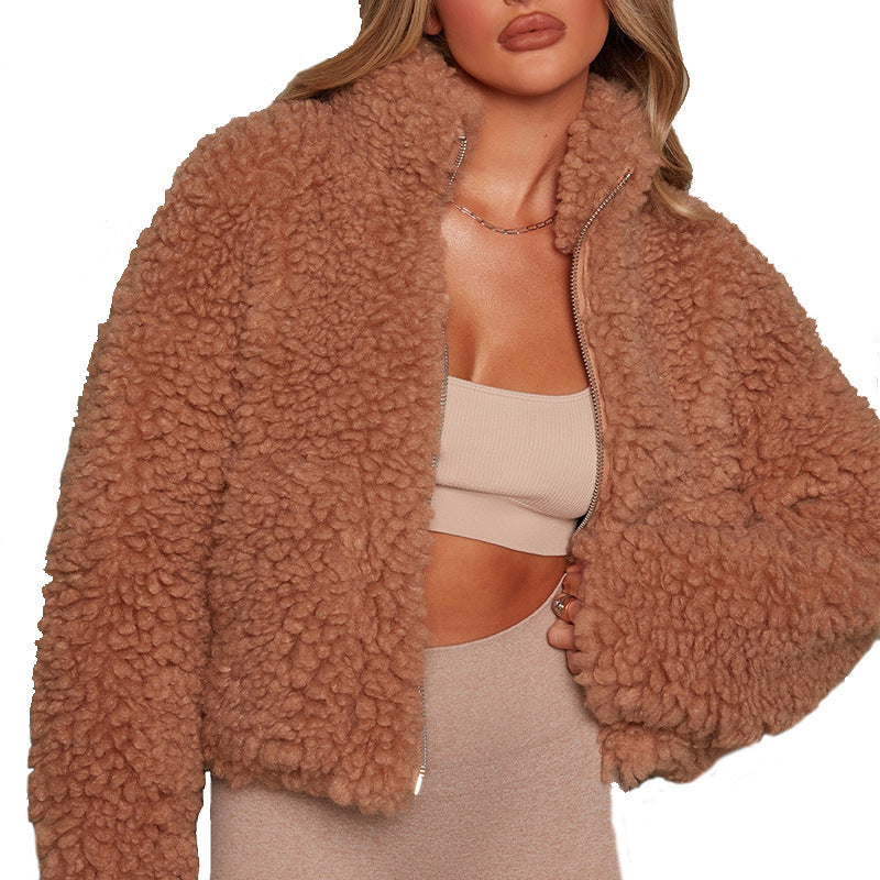 Plush Front Zip High Collar Jacket