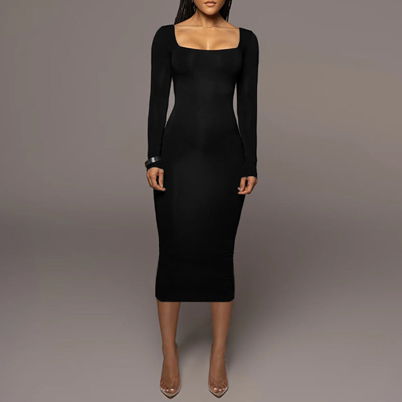 Square Neck Long Sleeve Bodycon Dress