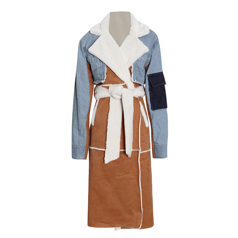 Long Shearling And Denim Patchwork Coat