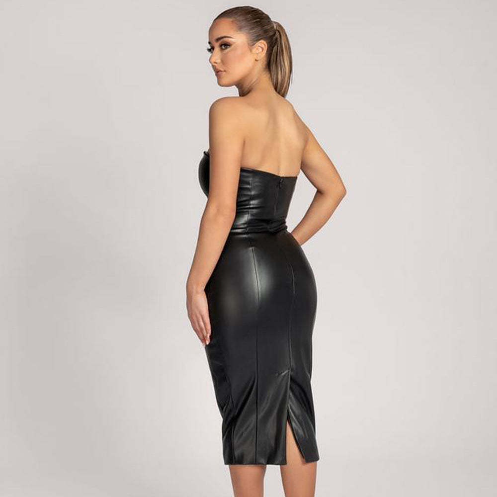 Faux Leather Midi Tube Dress