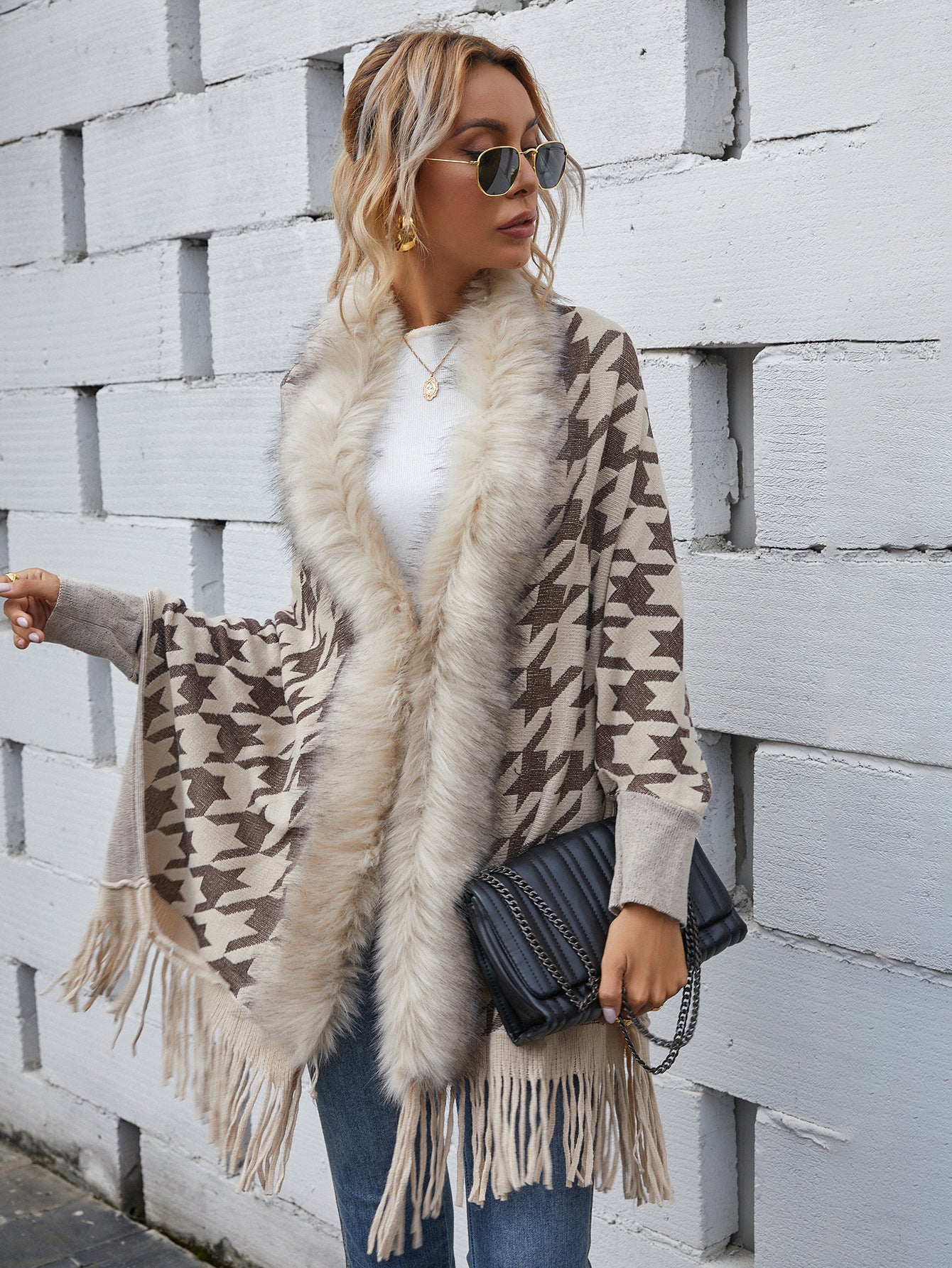 Faux Fur Trimmed Houndstooth Poncho Success