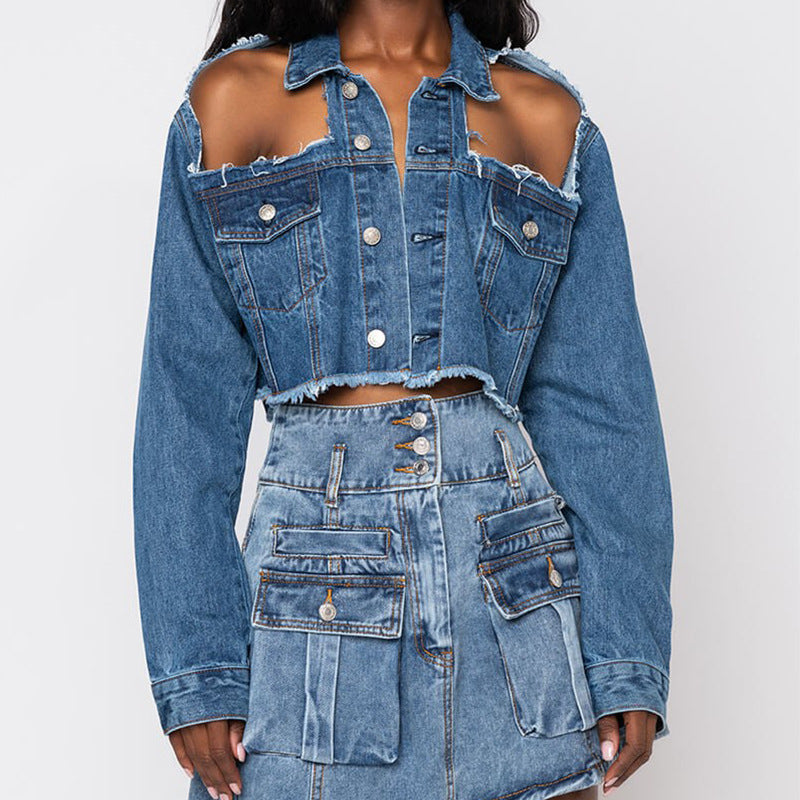 Distressed Open Shoulder Denim Jacket