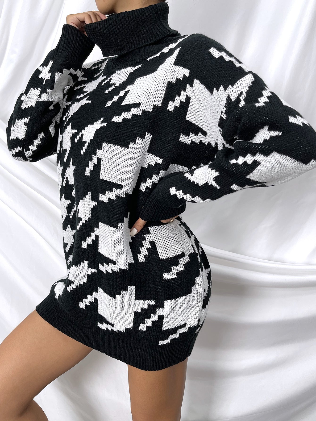 Black And White Turtleneck Sweater Dress