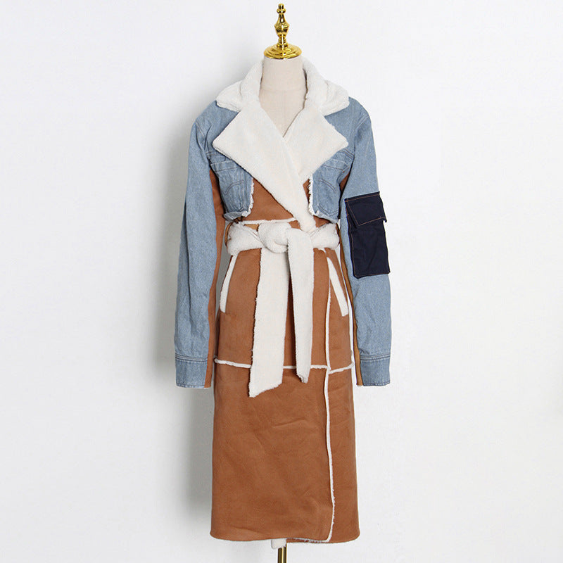 Long Shearling And Denim Patchwork Coat