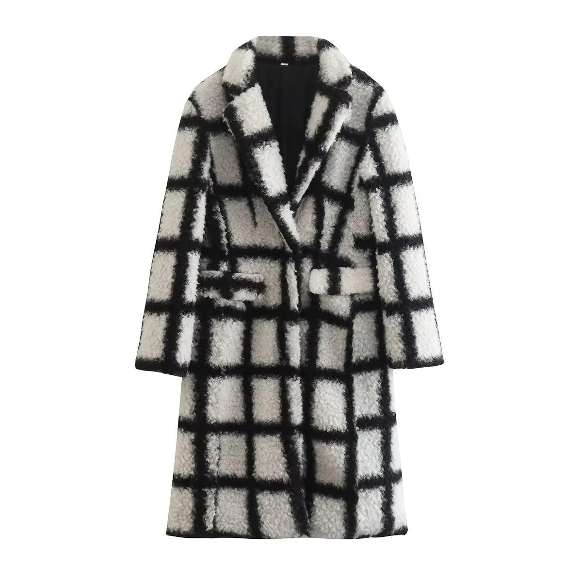 Black And White Check Wool Coat