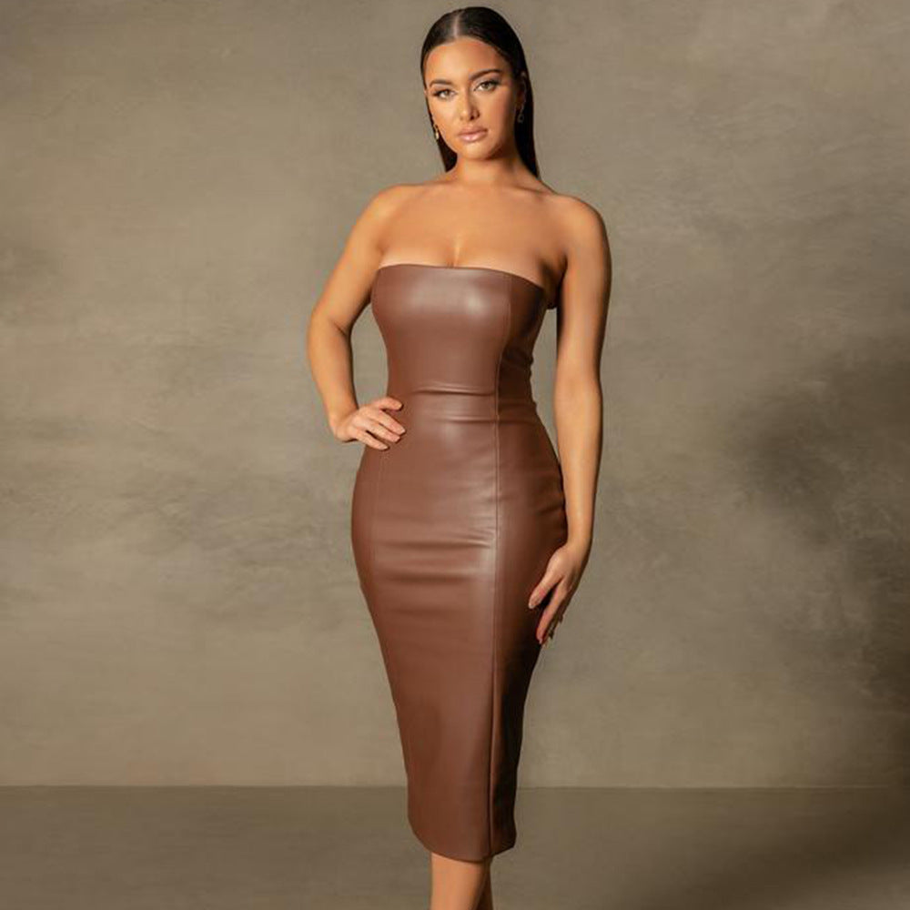 Faux Leather Midi Tube Dress