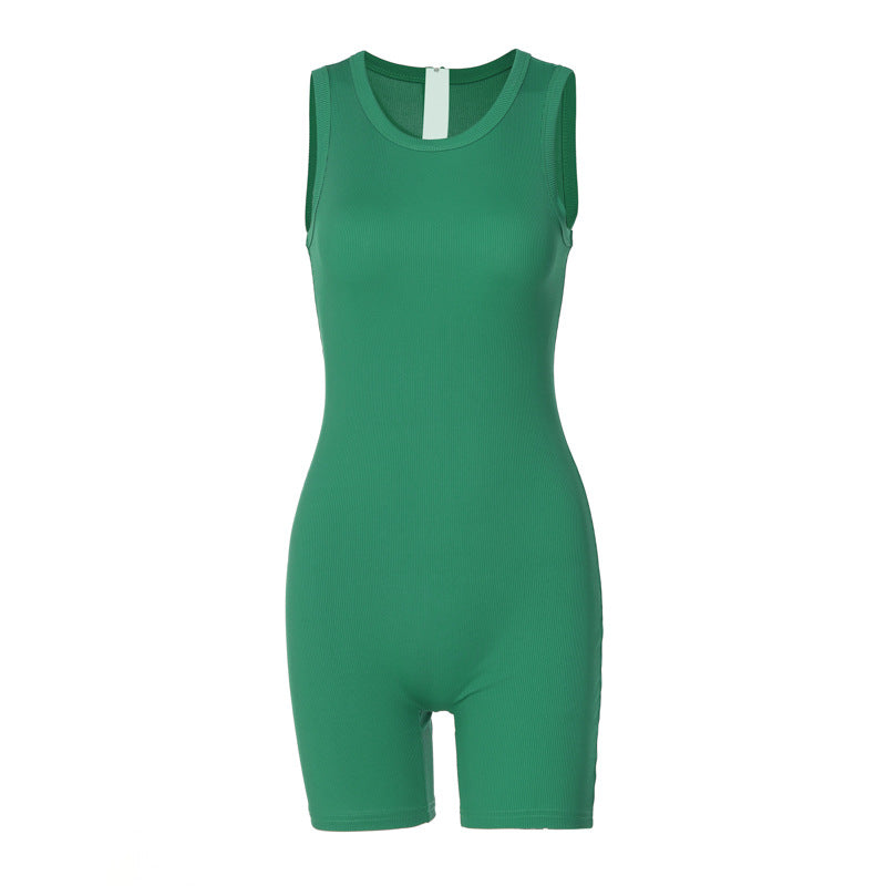 Green Sleeveless Ribbed Romper