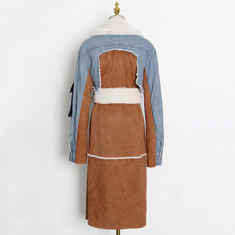 Long Shearling And Denim Patchwork Coat