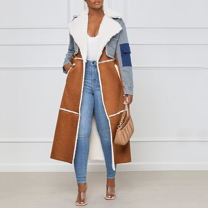 Long Shearling And Denim Patchwork Coat