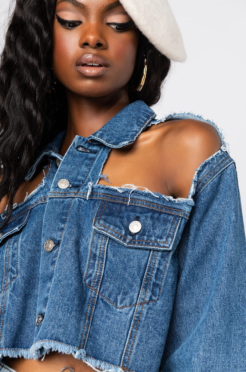 Distressed Open Shoulder Denim Jacket