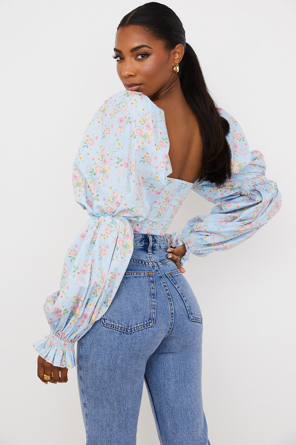 Floral Open Back Lantern Sleeve Top