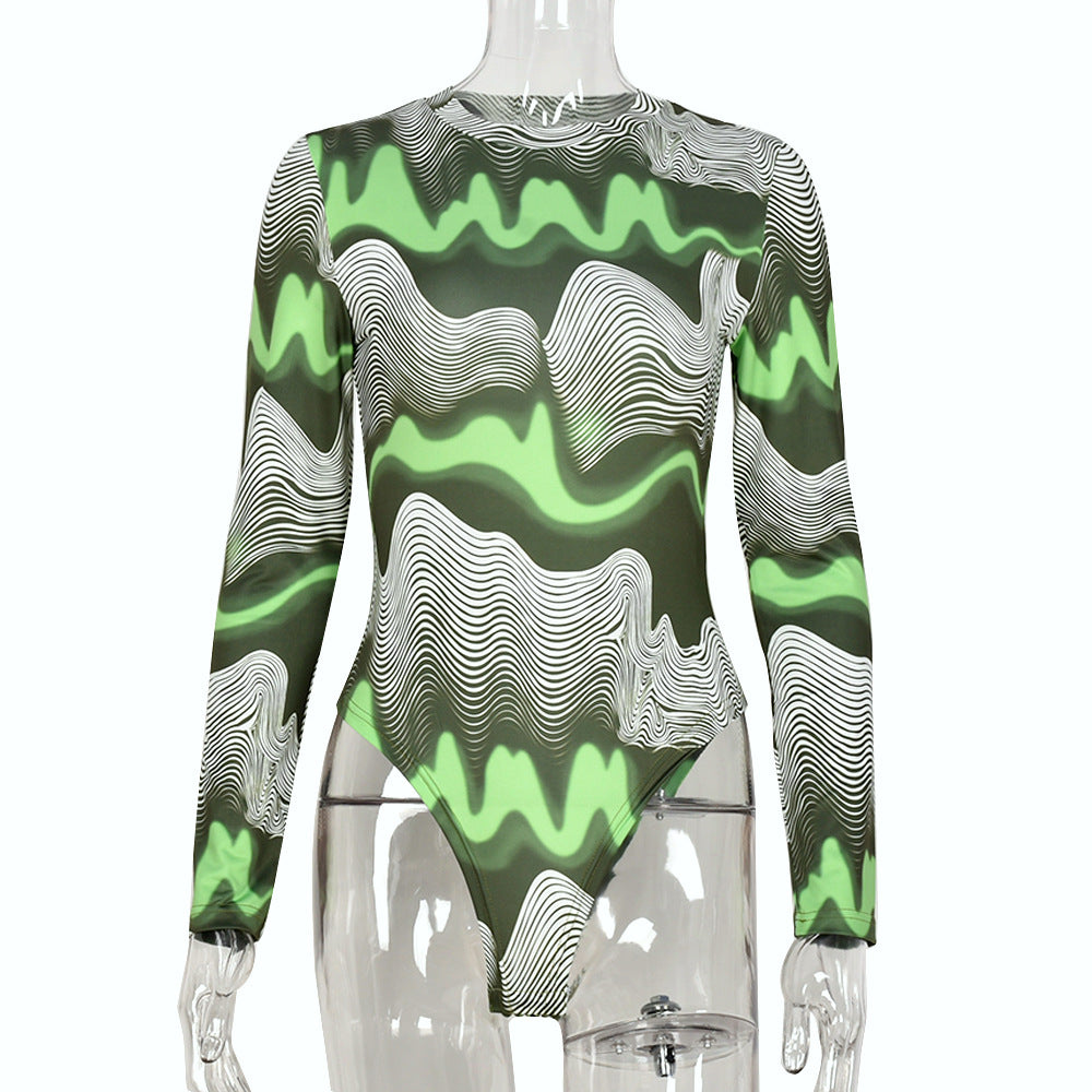 Abstract Long Sleeve Green Toned Bodysuit