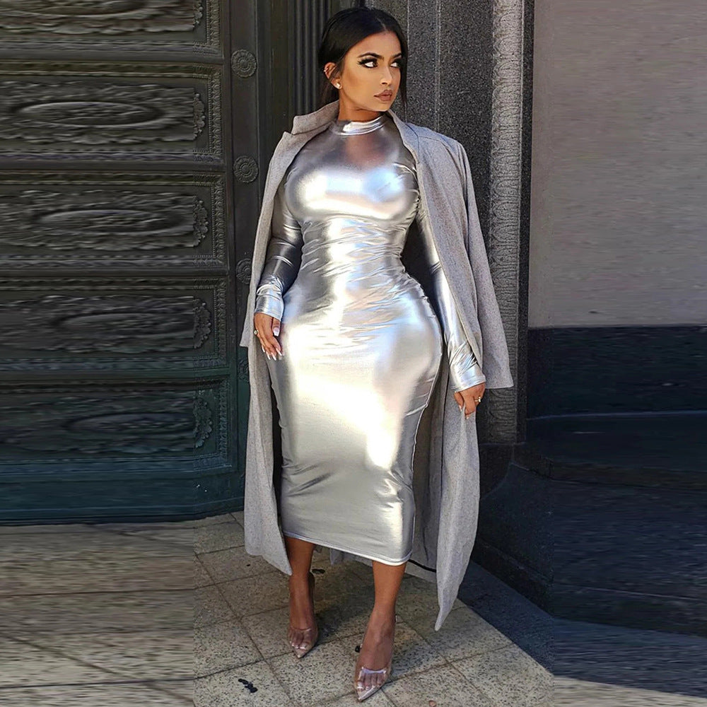 Silver Long Sleeve Round Neck Bodycon Dress