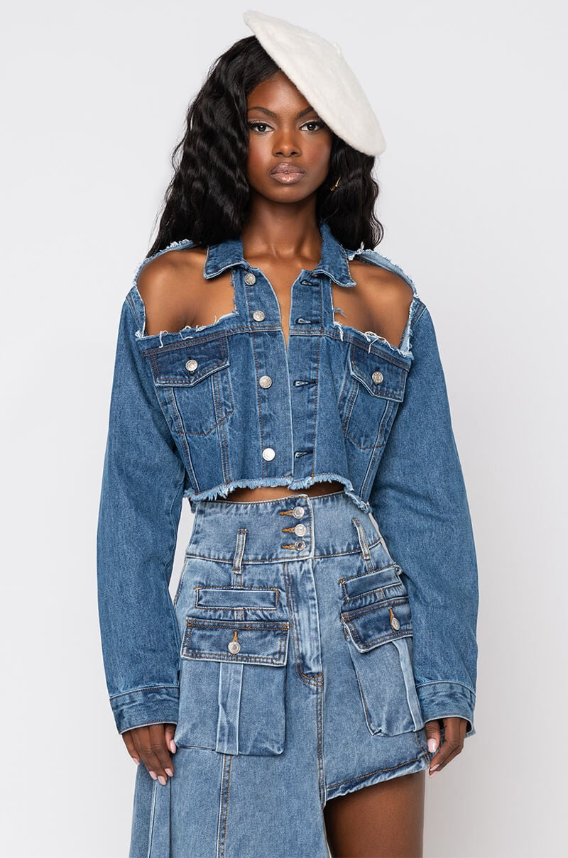 Distressed Open Shoulder Denim Jacket