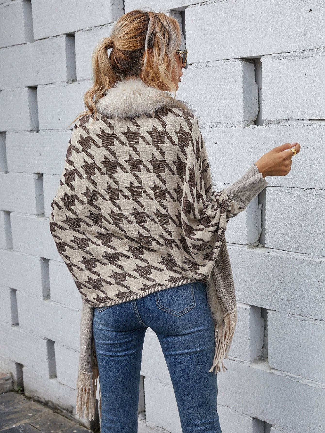 Faux Fur Trimmed Houndstooth Poncho Success