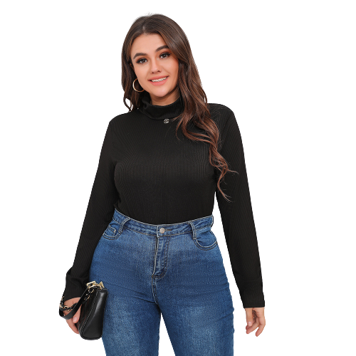 Plus Size Solid Long Sleeve Turtleneck Top