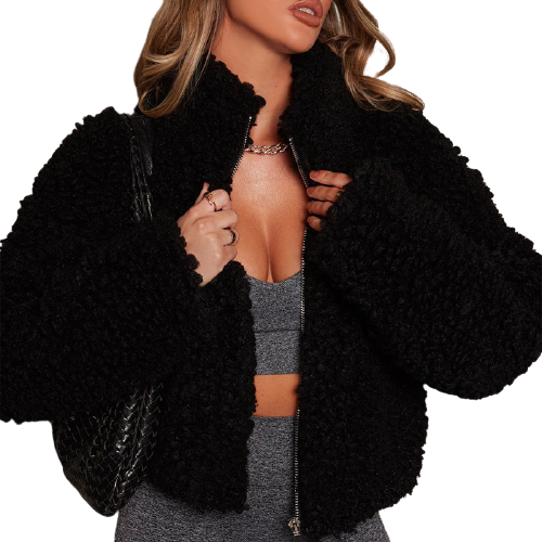 Plush Front Zip High Collar Jacket