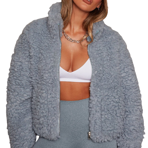 Plush Front Zip High Collar Jacket