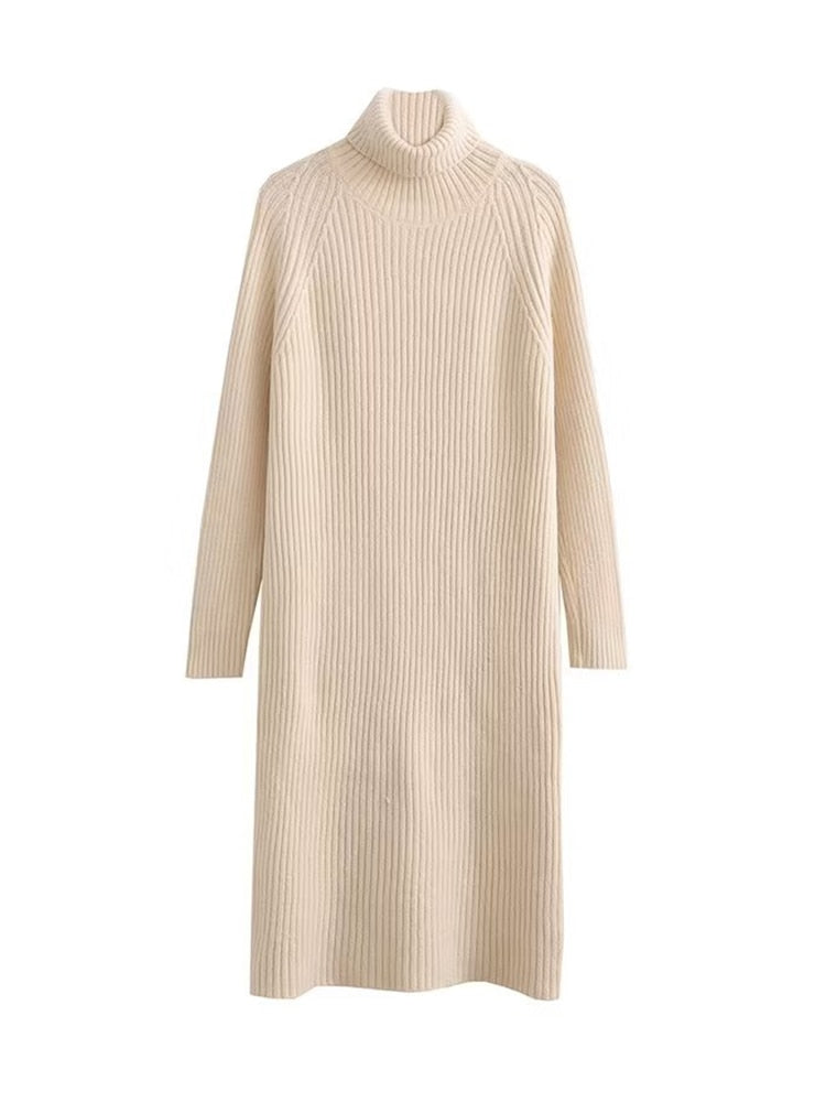 Solid Knitted Turtleneck Midi Dress