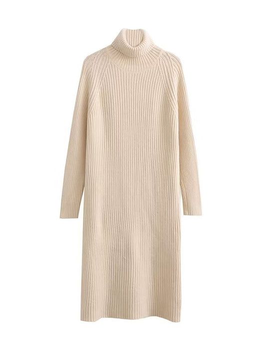 Solid Knitted Turtleneck Midi Dress