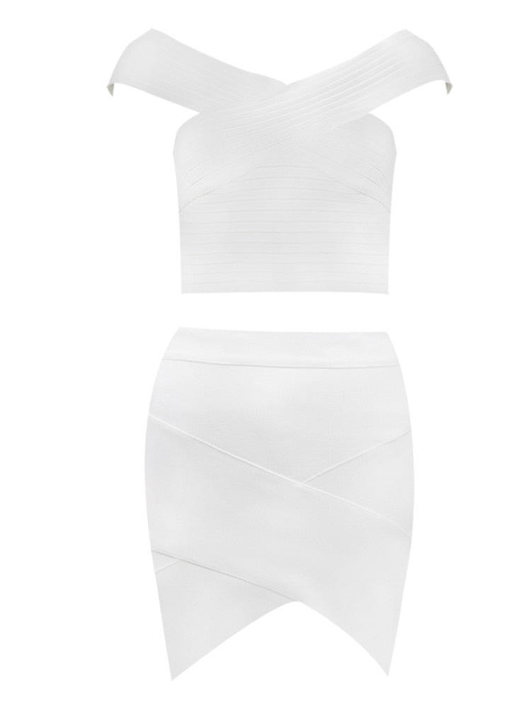 White Off Shoulder Crop And Skirt Set