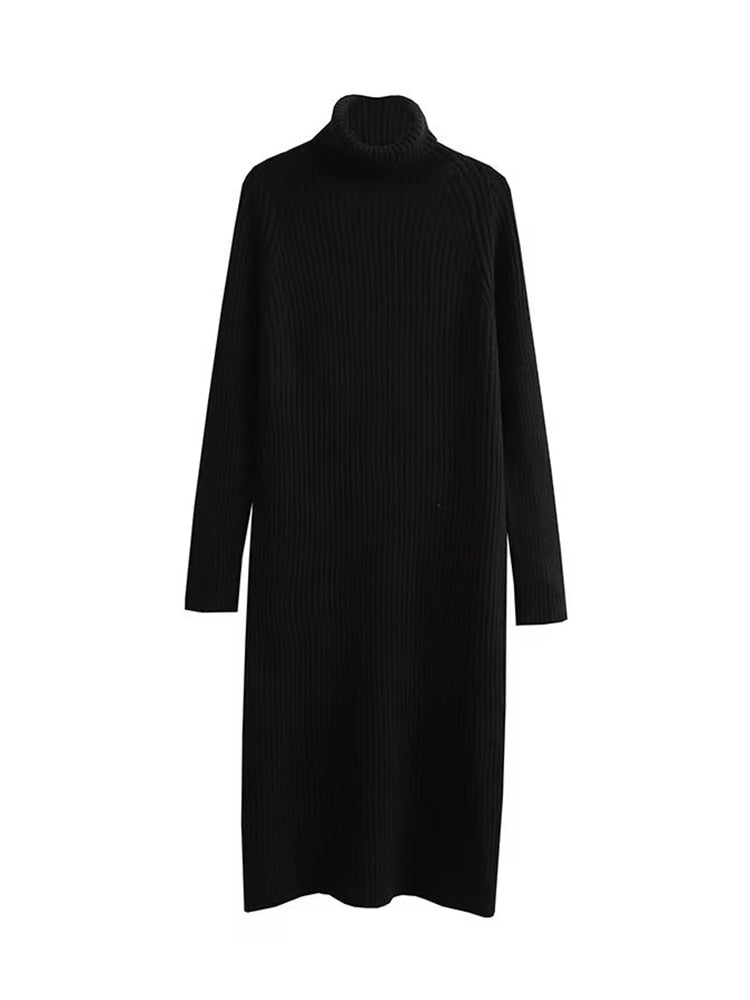 Solid Knitted Turtleneck Midi Dress