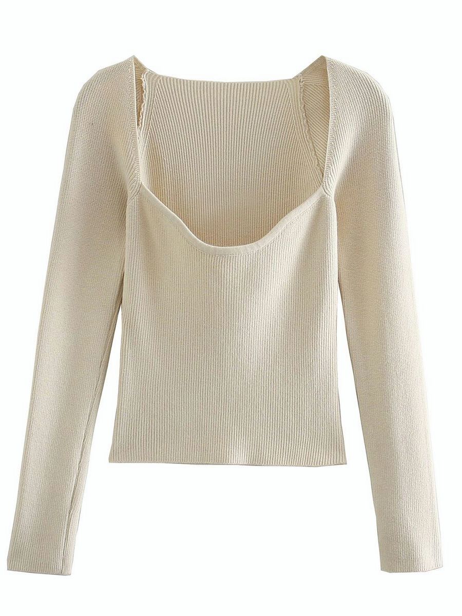 IBADDE Long Sleeve Sweetheart Neckline Top Beige