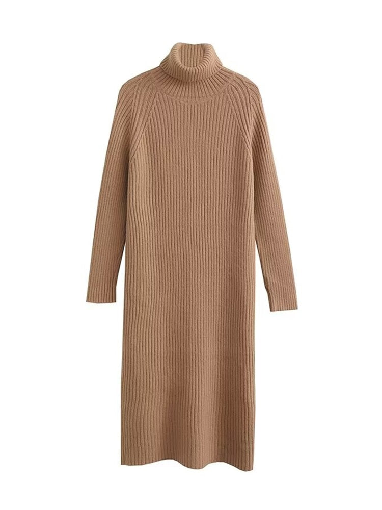 Solid Knitted Turtleneck Midi Dress