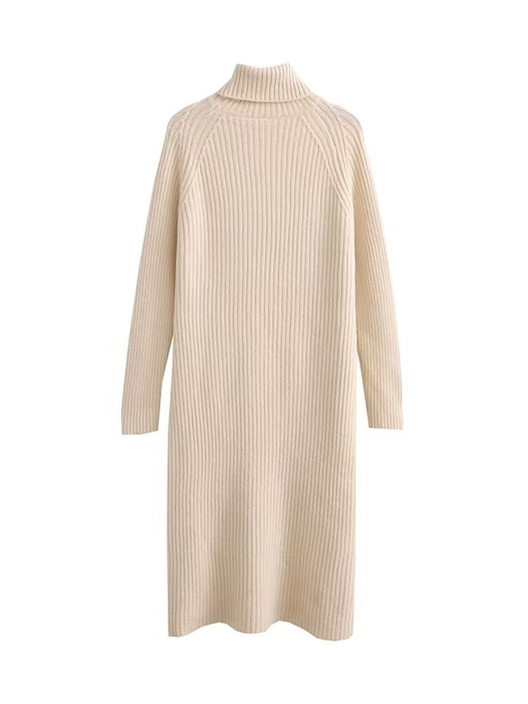 Solid Knitted Turtleneck Midi Dress