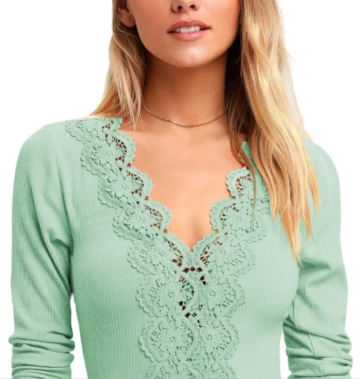 Solid Long Sleeve Lace Detail Bodysuit