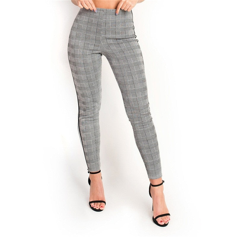 Side Striped Gray Plaid Pencil Pants - IBADDIE