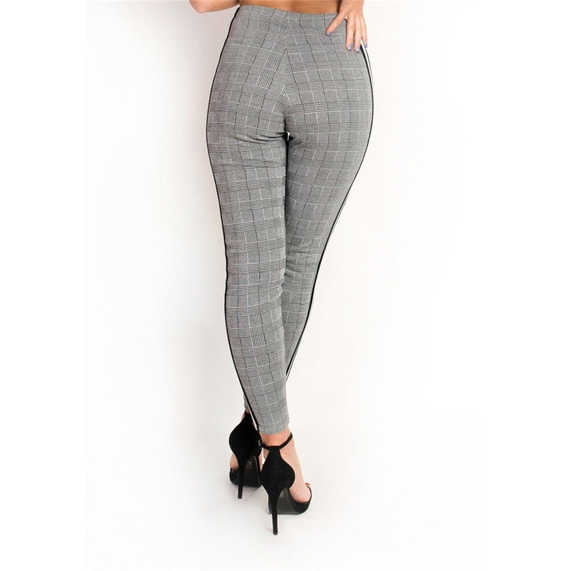 Side Striped Gray Plaid Pencil Pants - IBADDIE