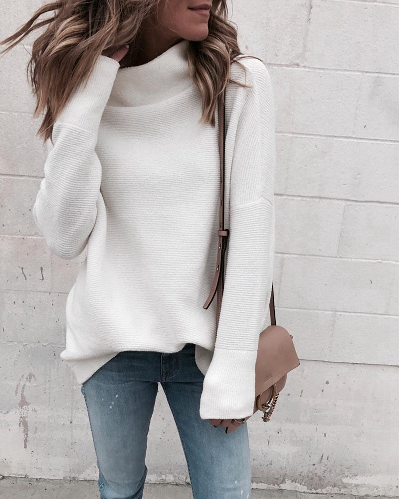 White Loose Fit Knitted Turtleneck - IBADDIE