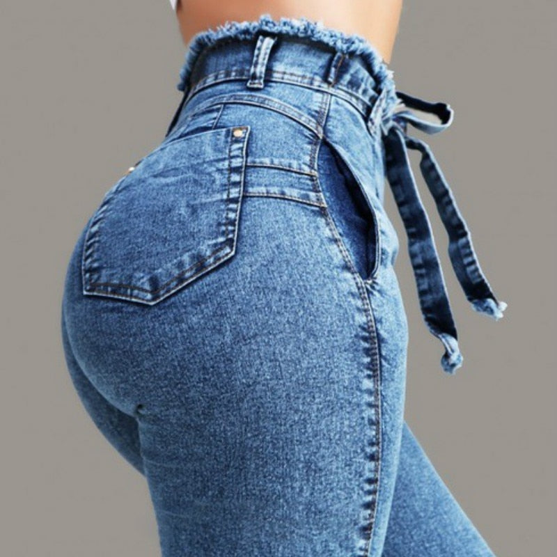 High Waist Belted Skinny Jeans - IBADDIE