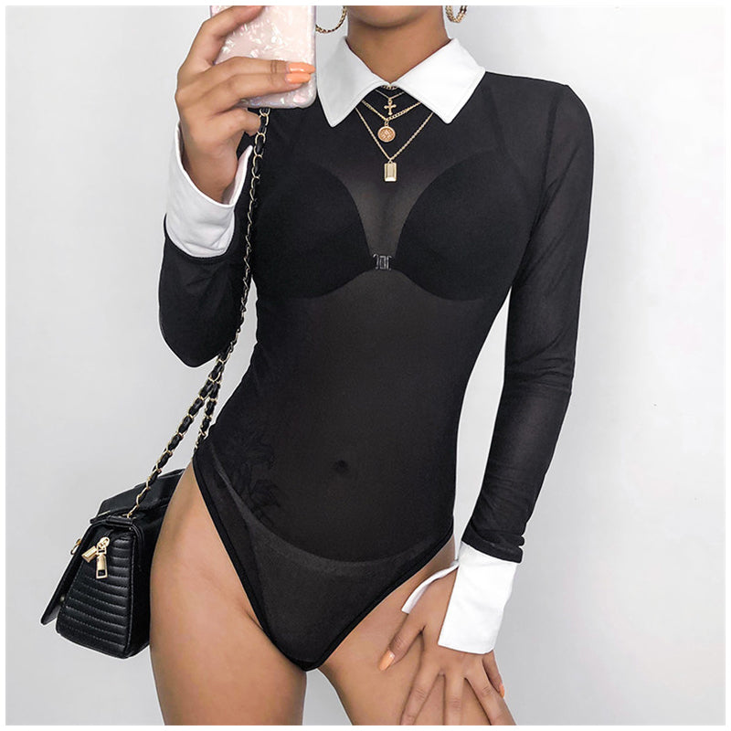 Collard Mesh Bodysuit - IBADDIE