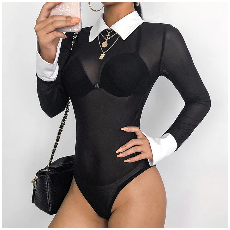 Collard Mesh Bodysuit - IBADDIE