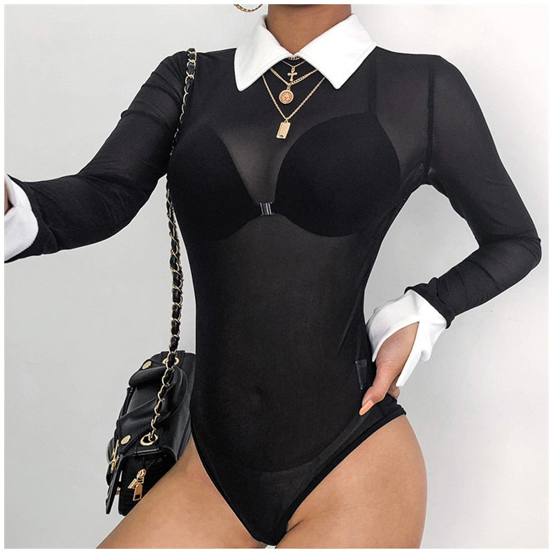 Collard Mesh Bodysuit - IBADDIE