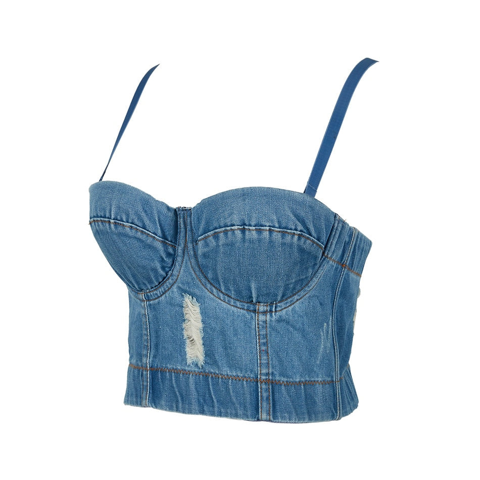 Distressed Denim Crop Top - IBADDIE