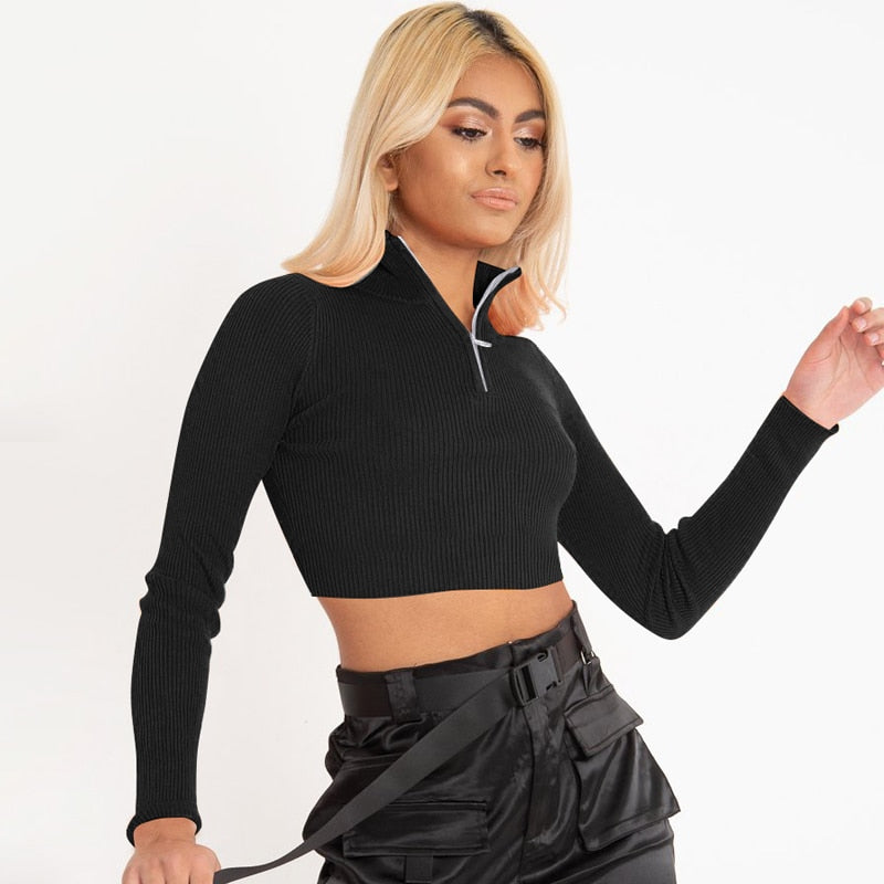 Long Sleeve Half Zip Crop Top - IBADDIE