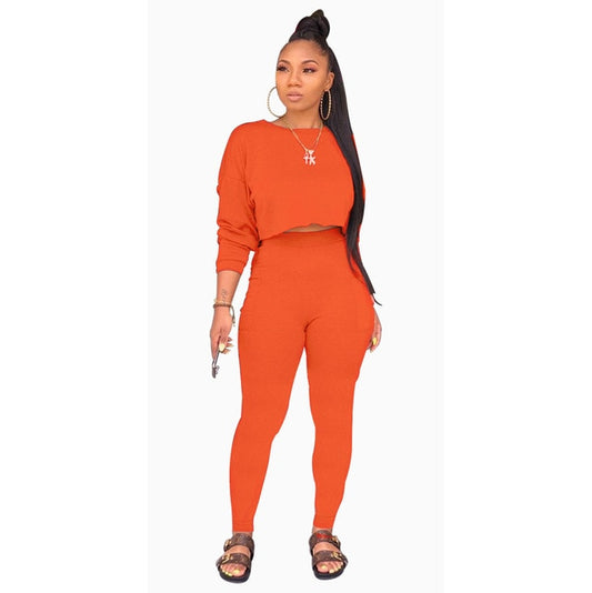 Solid Color Crop Top Jogger Set - IBADDIE