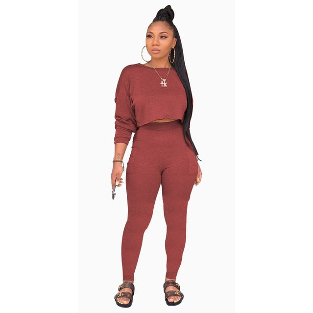 Solid Color Crop Top Jogger Set - IBADDIE