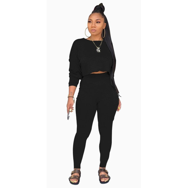 Solid Color Crop Top Jogger Set - IBADDIE