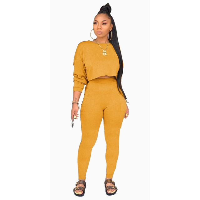 Solid Color Crop Top Jogger Set - IBADDIE