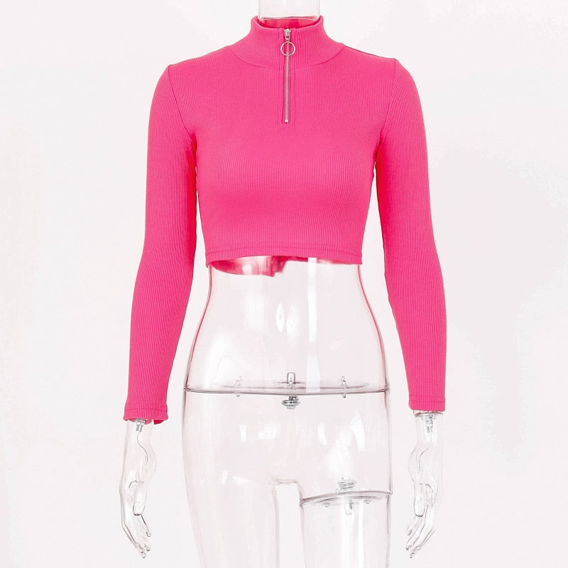 Long Sleeve Half Zip Crop Top - IBADDIE