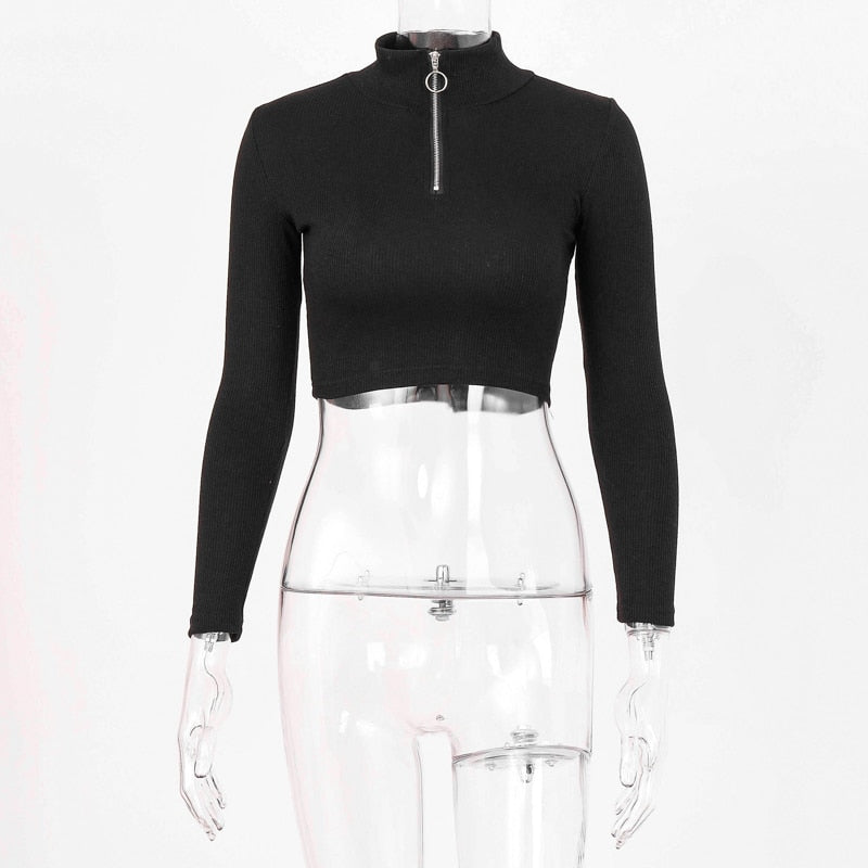 Long Sleeve Half Zip Crop Top - IBADDIE