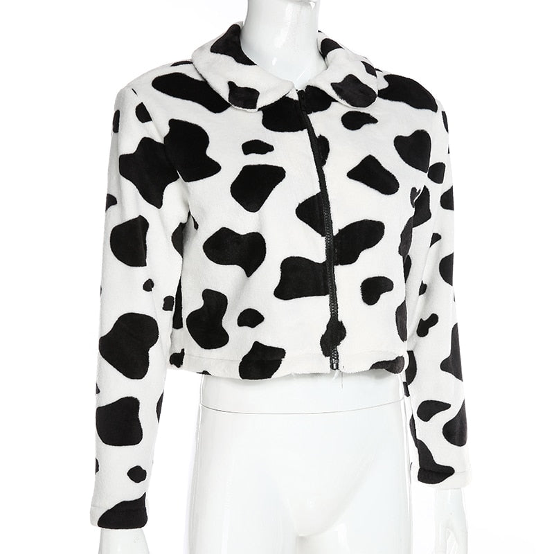 Cow Print Faux Fur Jacket