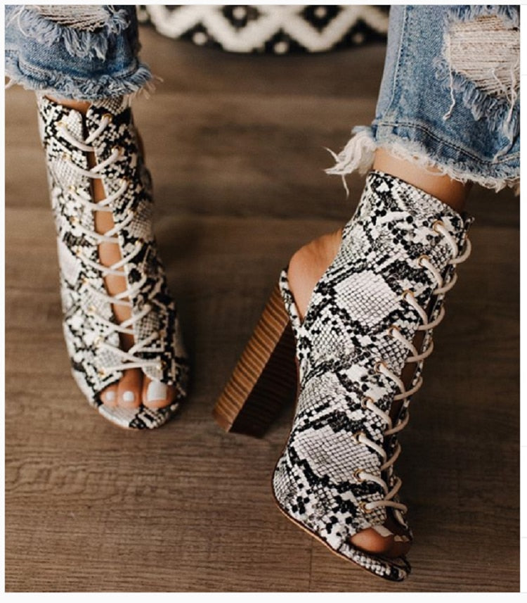 Open Toe Snake Print Boots