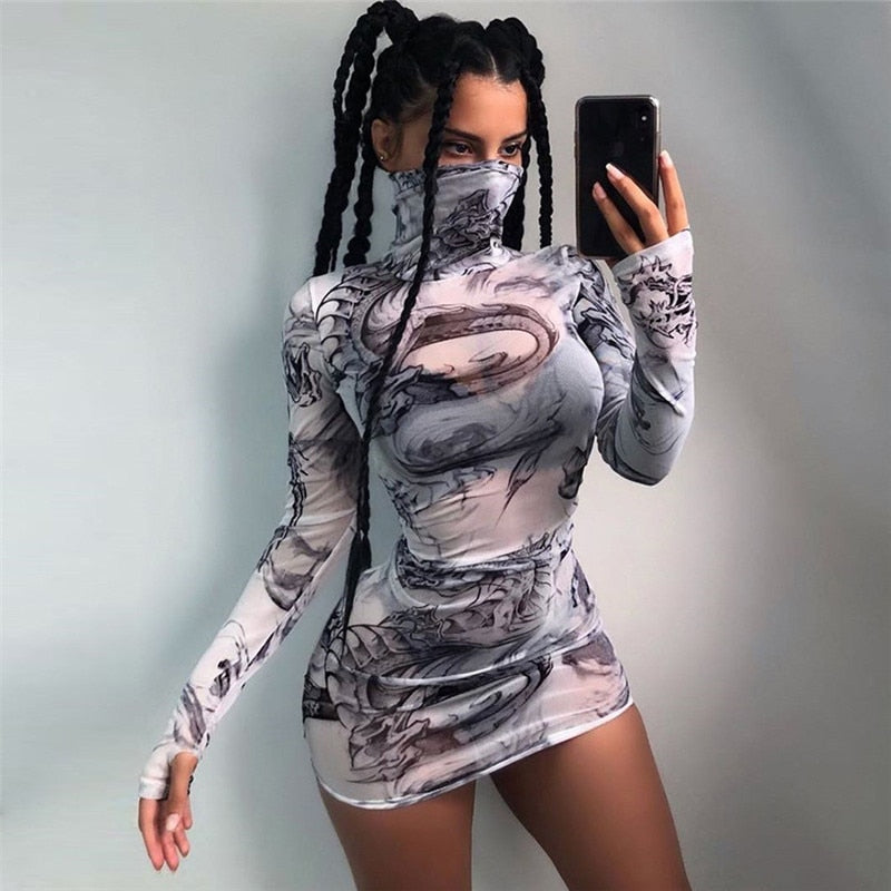 Sheer Turtleneck Dragon Print Dress - IBADDIE