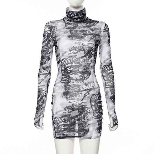 Sheer Turtleneck Dragon Print Dress - IBADDIE